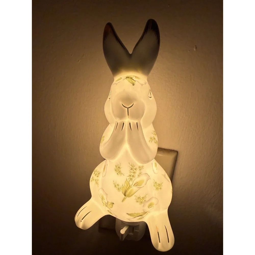 Porcelain Bunny Night Light Green Floral Lily Flowers Gold Accents Nightlight